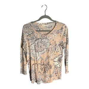 Lucky Brand Pink and Gray Floral Long Sleeve Lightweight Tee Round Neck Size SM